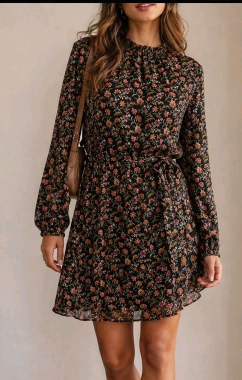 LOFT Dress Women’s Small Petite SP Metallic Floral Belted Long Sleeve